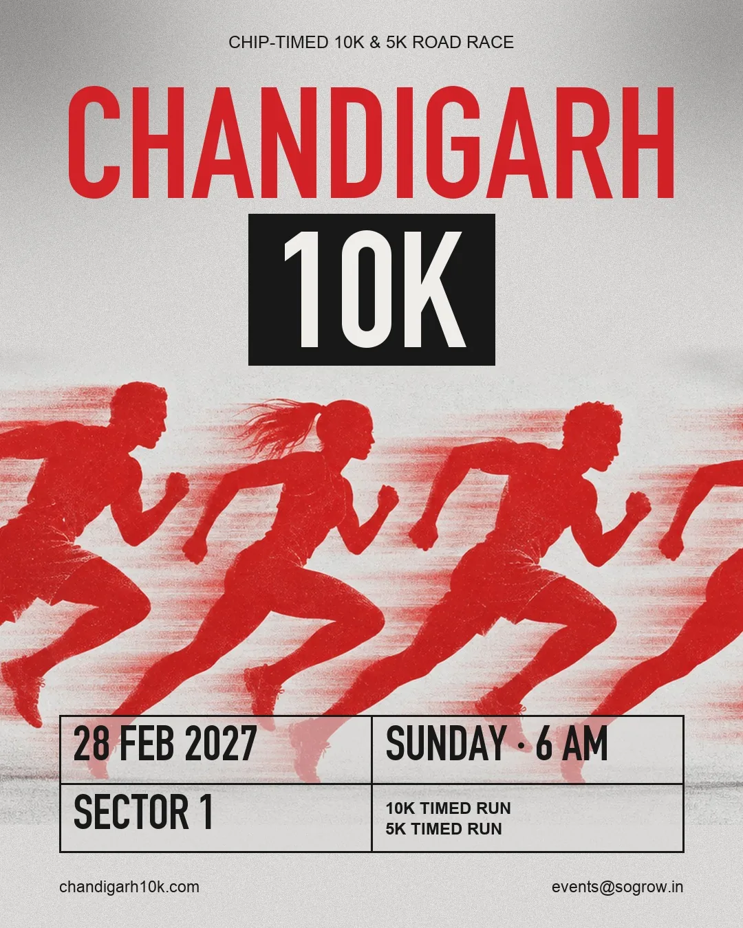 Chandigarh 10K poster: 28 February 2027, Sunday 6 AM, Sector 1, 10K and 5K timed runs